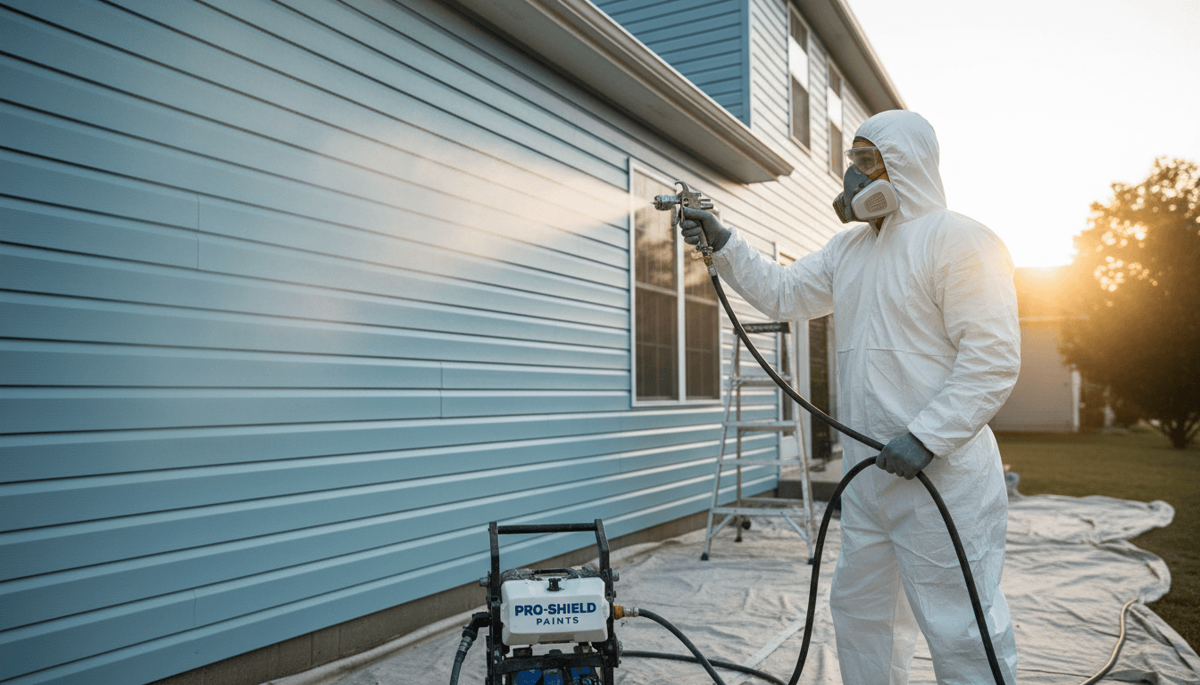 Professional painter spray painting the exterior siding of a house