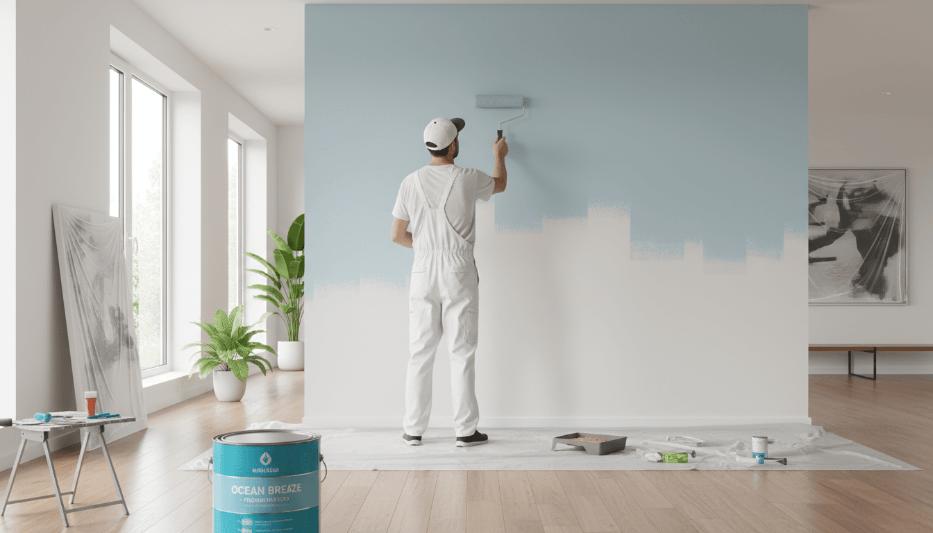 Professional painter applying paint with a roller on an interior wall