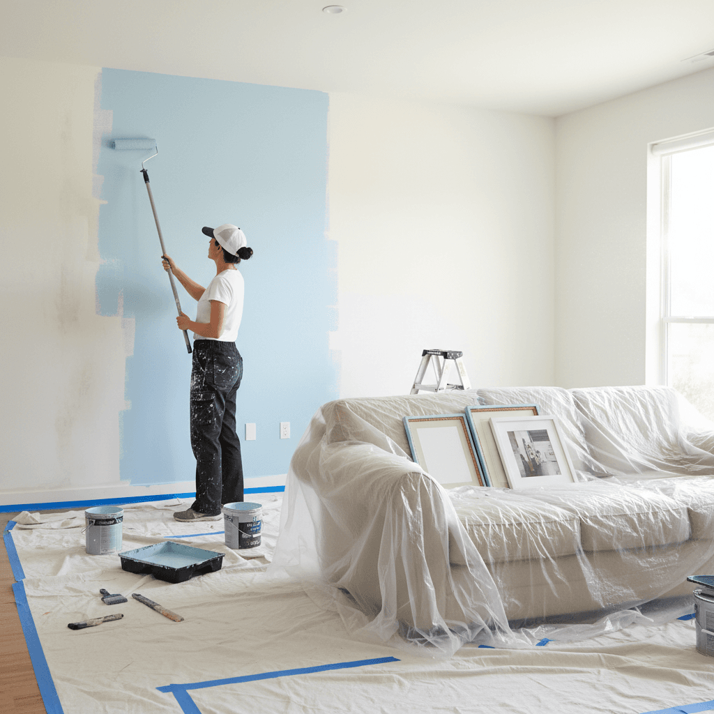 Painter applying paint with a roller to a wall in a bright living room