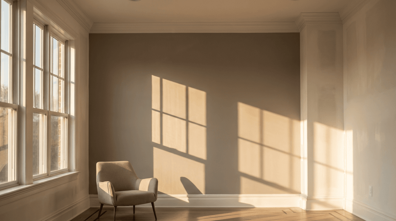 Freshly painted living room interior with neutral gray walls