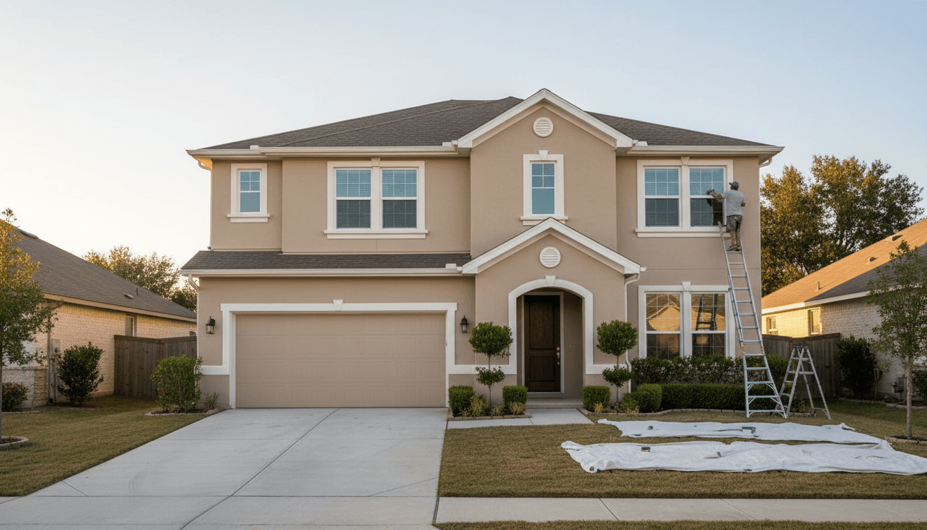 Repainted exterior of a suburban home with clean white siding