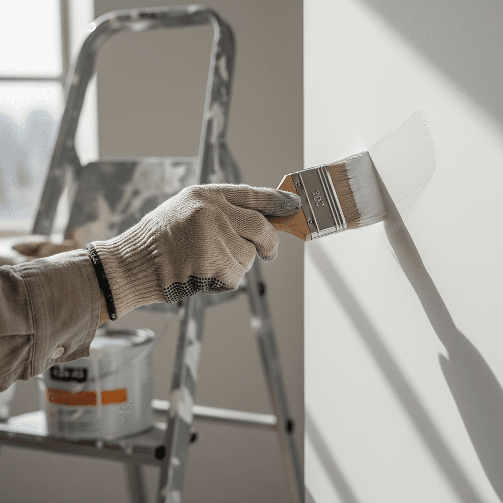 Professional painter applying paint with a brush on an interior wall