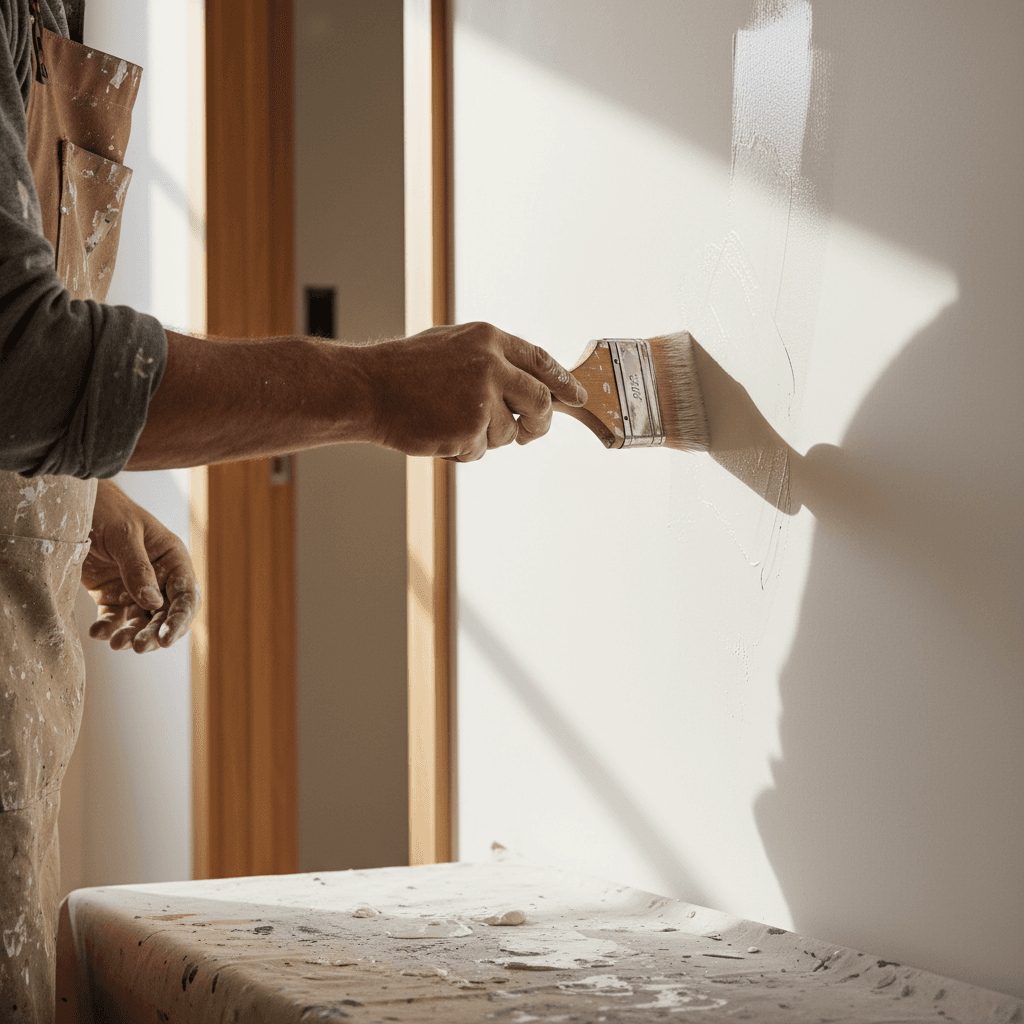Professional painter preparing wall with drop cloths in bright residential room