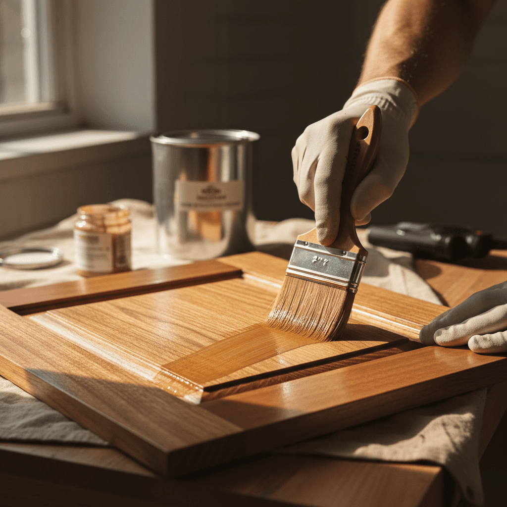 Painter sanding a wooden cabinet surface during refinishing