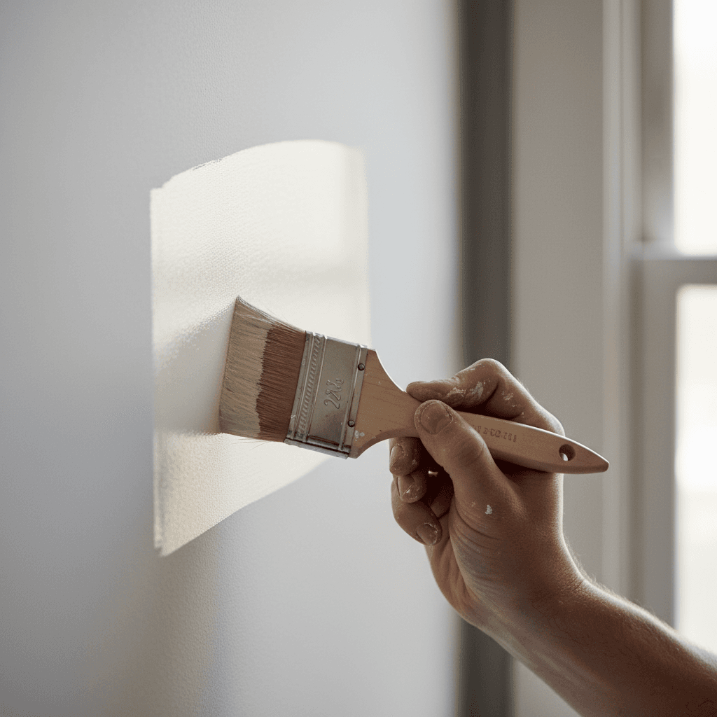 Close up of painter's hand with brush against a freshly painted wall