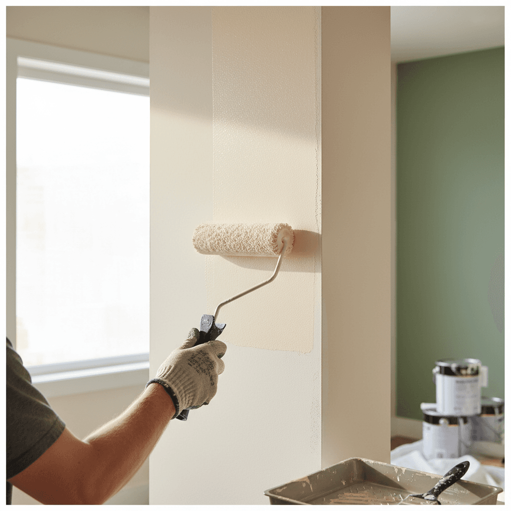 Professional painter applying paint with a roller on an interior wall