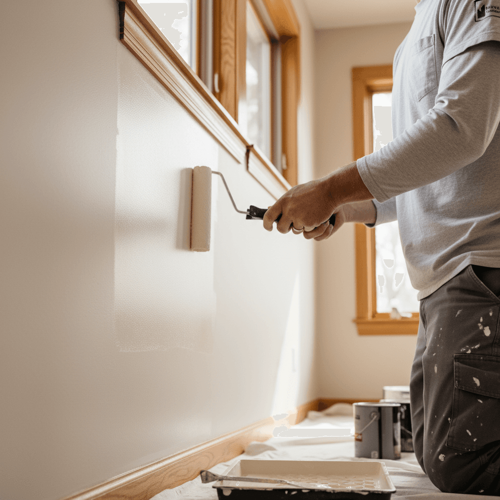 Painter applying primer to a wall with a roller