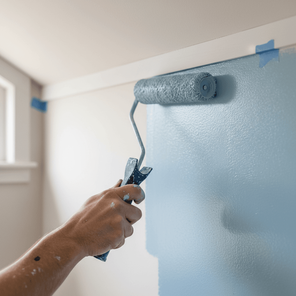 Painter applying paint to an interior wall with a roller in a bright living room